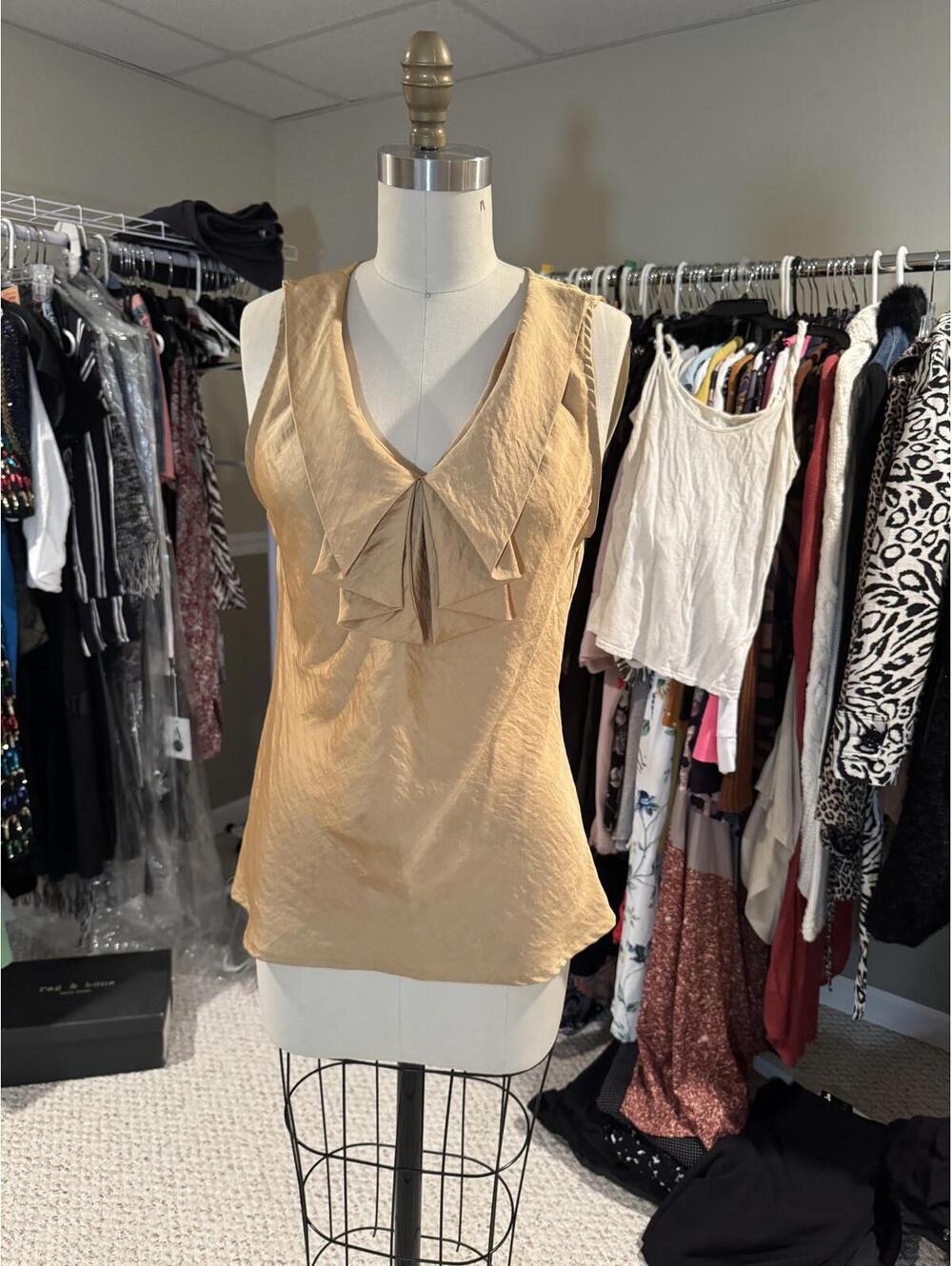 Sunny Leigh Sleeveless Beige Gold Blouse with Ruffle Detail - Medium